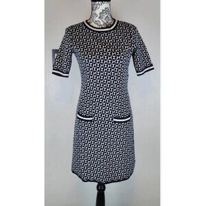 Boden Women’s Knit Shift Dress US 4 Navy White Geometric Short Sleeve Pockets